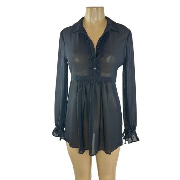 Urban Outfitters Black Sheer Top Size S Long Sleeve Babydoll Button Front Ruffle